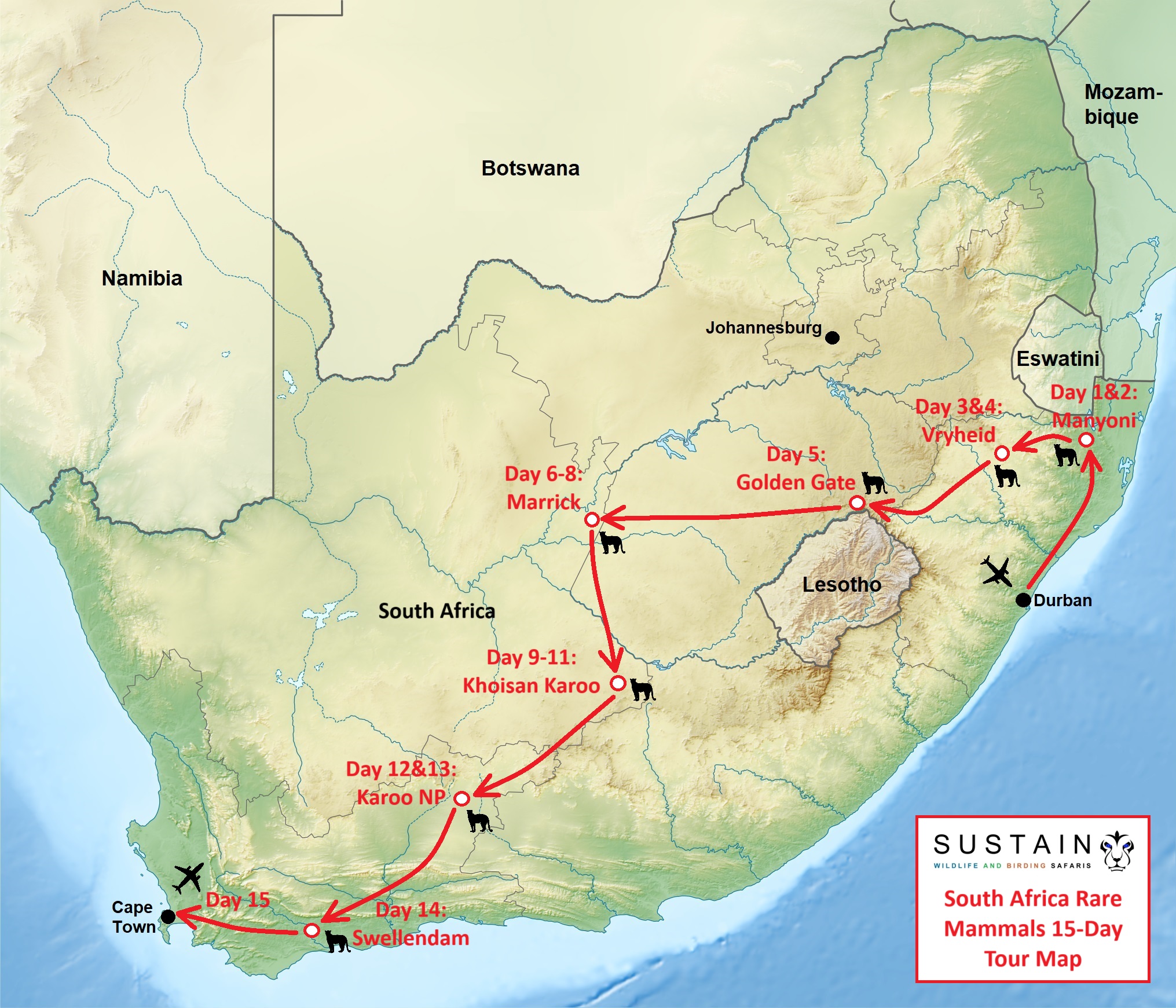 Rare Mammals of South Africa Tour Map